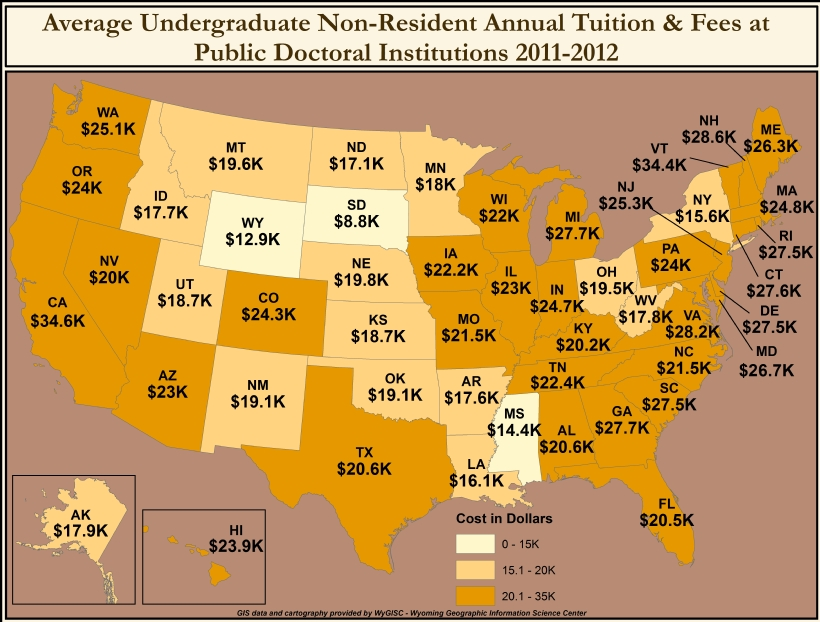 A map showing the average undergrad non-resident tuition costs for public universities in 2012.