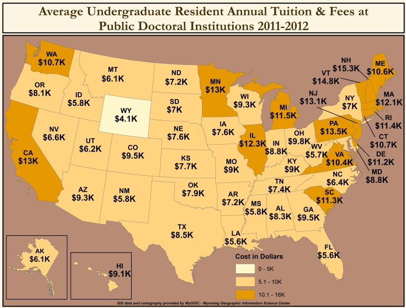 Average undergrad resident tuition at public universities in 2012.