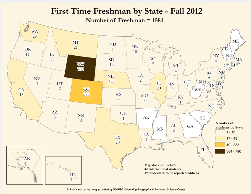 A map showing the number of first-time freshman students for each state in the US.
