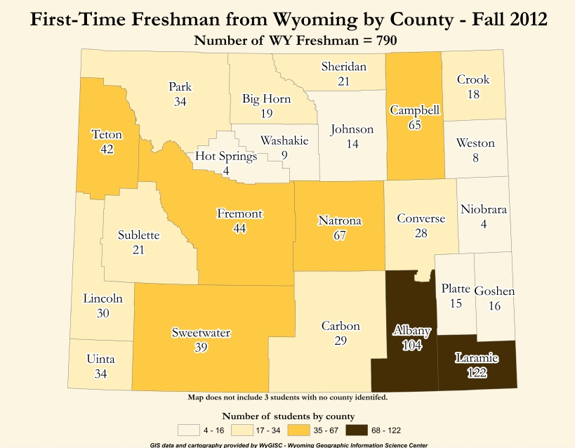 A map showing the number of first-time freshman UW students for each Wyoming county.
