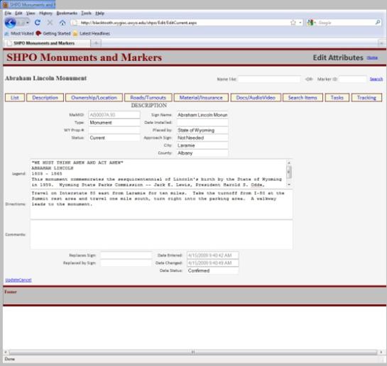 SHPO Monuments and Markers Web/Database Interface