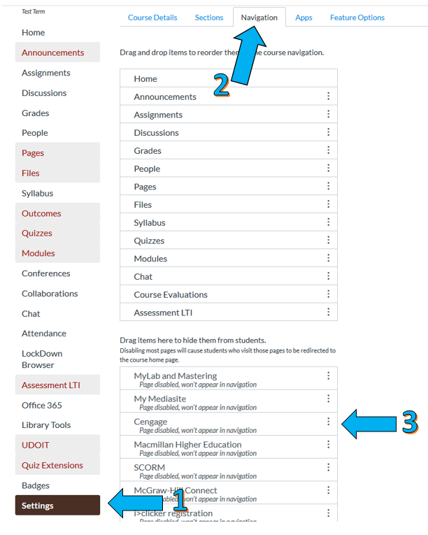 Screenshot of navigation tab on WyoCourses settings page. 