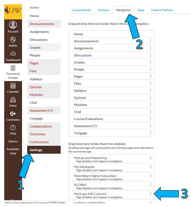 Screenshot of navigation/integration tab on WyoCourses settings 