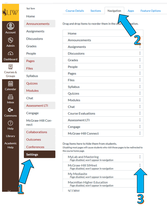 Screenshot of the navigation/integration page on WyoCourses setting page. 