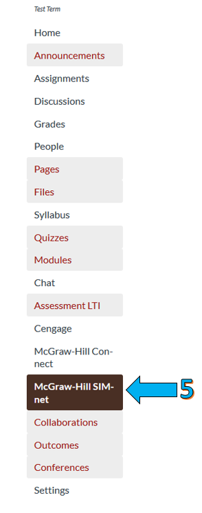 Screenshot of the right hand tab on WyoCourses pointing to the McGraw-Hill SIMnet tab.