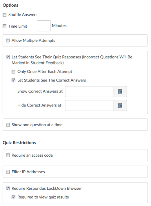 The Quiz Restrictions options and Require Respondus LockDown Browser is checked.