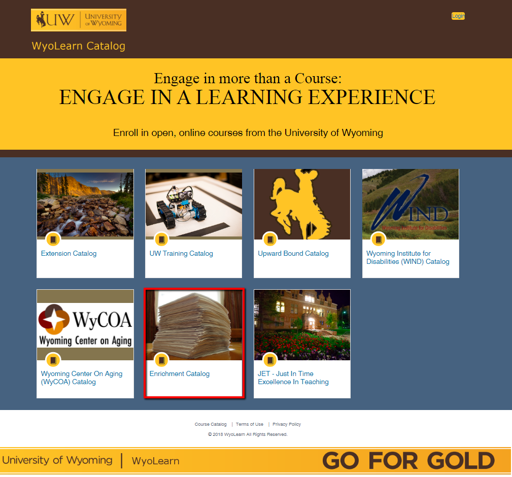 Image of the WyoLearn homepage with the Enrichment Catalog tile highlighted.