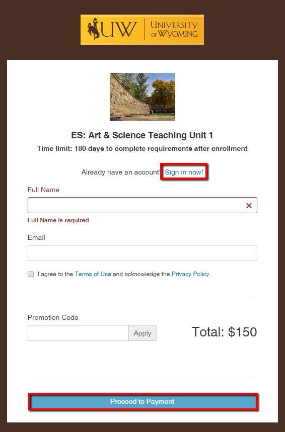 Image of the sign up for sign in screen in WyoLearn.