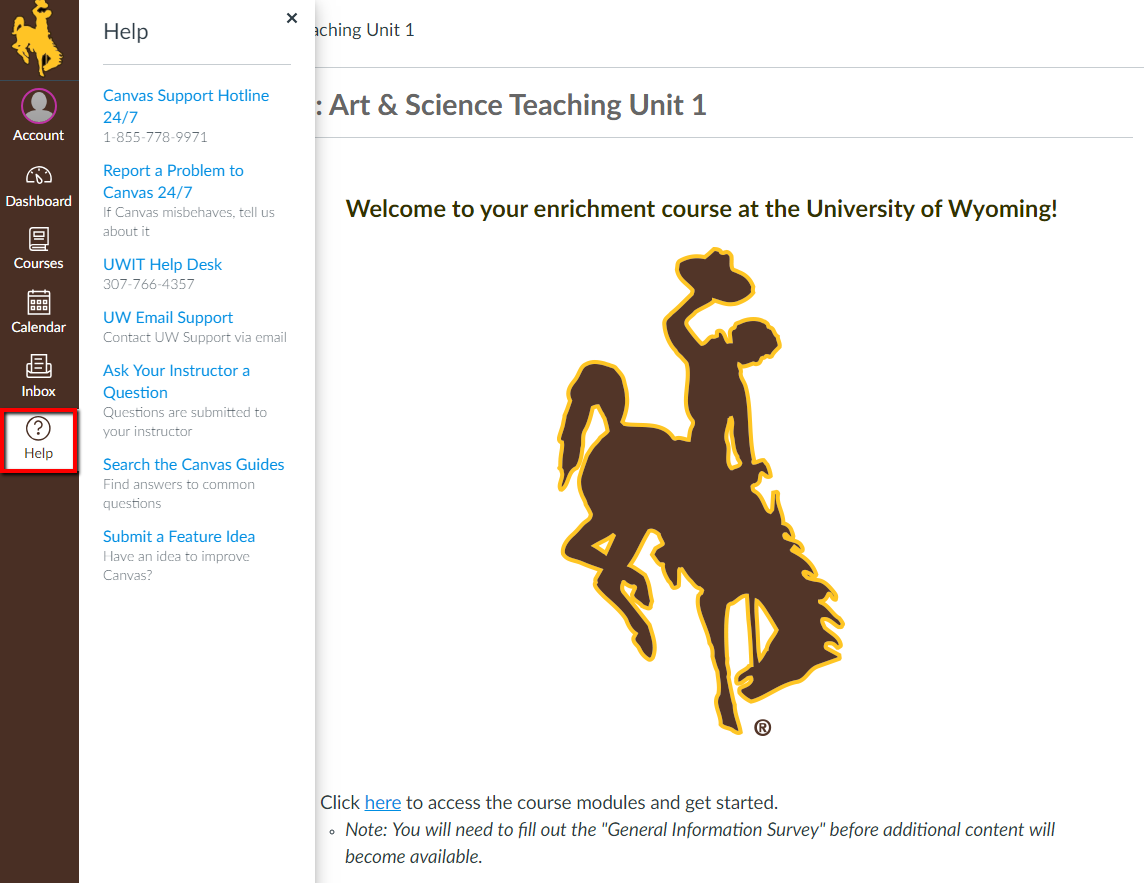 Image of the Canvas dashboard for a WyoLearn course with the help button highlighted.