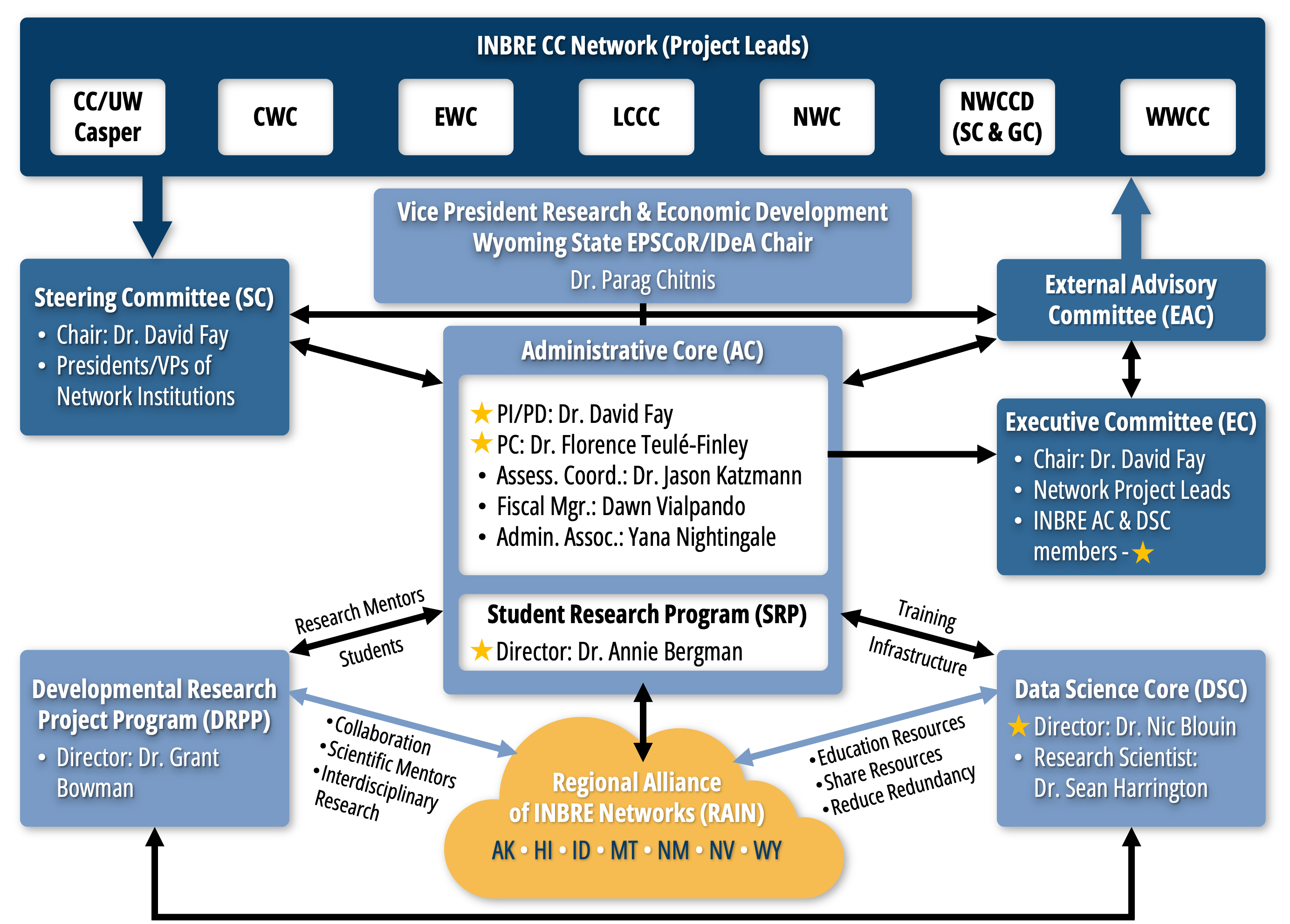 Complex org chart showing the relationships between the many stakeholders associated with Wyoming INBRE