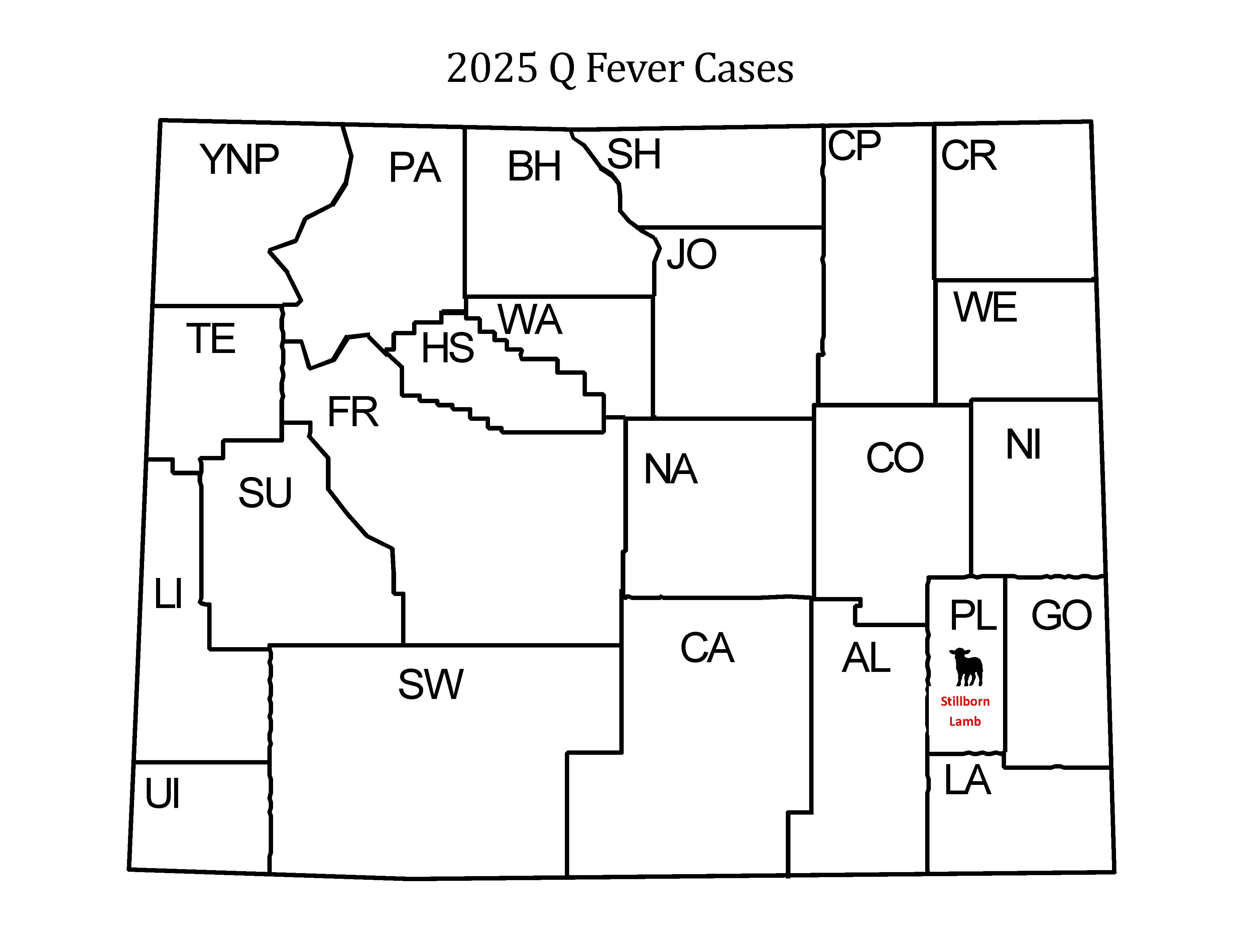 map of wyoming with icon indicating q fever case in platte county