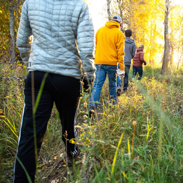 Researchers walk through a forest during Autumn