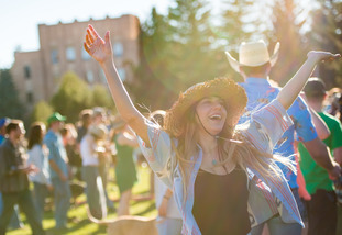 Woman celebrating near group of people
